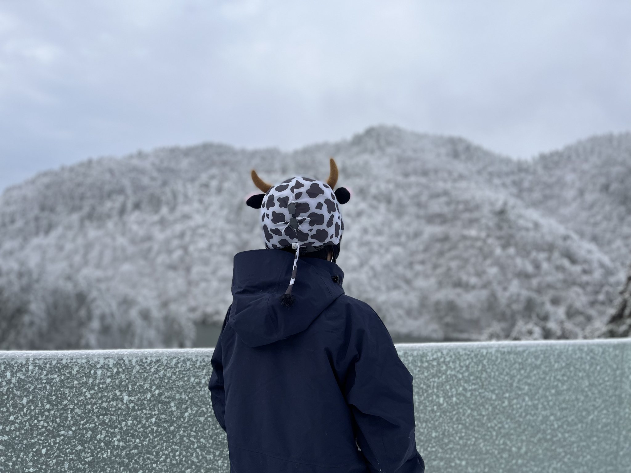 Une personne coiffée d'un bonnet à cornes regarde les collines enneigées de l'autre côté du lac